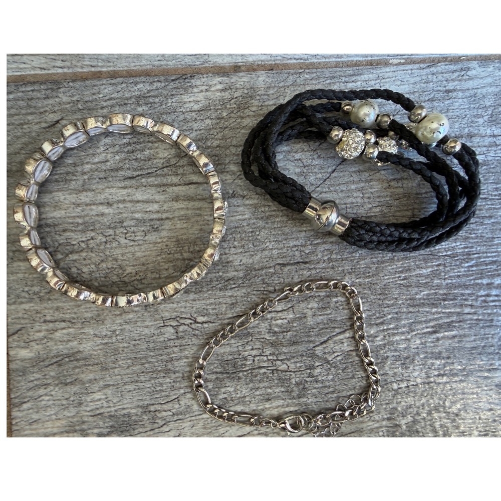 Bracelet Set Silver Black Figaro Chain Rhinestone Stretch Wrap beads Boho 3 pco